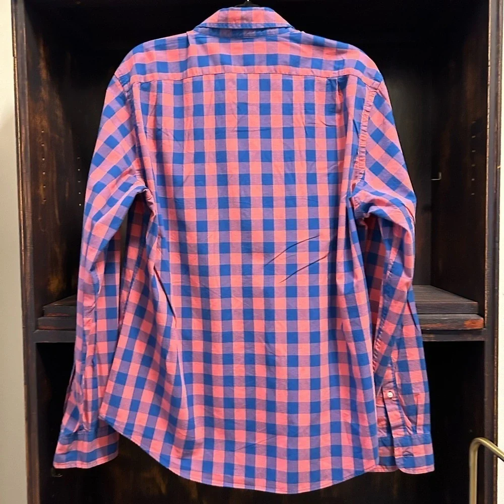 J. Crew Men’s Slim Fit Full Button Collared Dress Shirt  Large Pink Blue Plaid